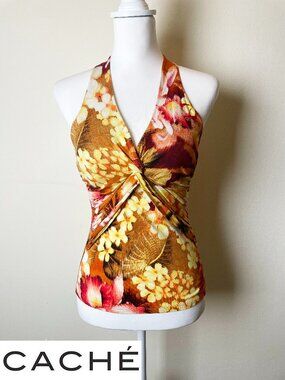 Vintage Caché Y2K Floral Halter Top | Twist Front Tie Back | Size S | EUC